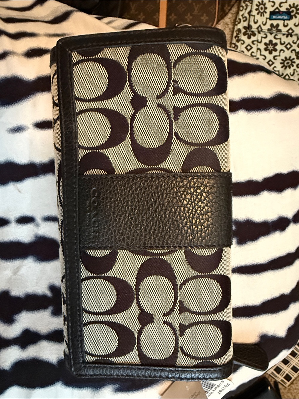 Coach Black and Beige Signature Continental Wallet